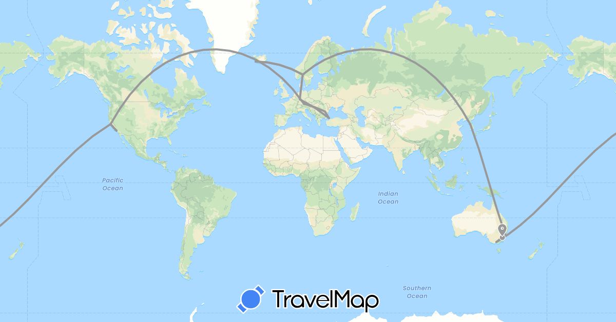 TravelMap itinerary: driving, plane in Australia, Germany, Iceland, South Korea, Norway, Romania, Turkey, United States (Asia, Europe, North America, Oceania)